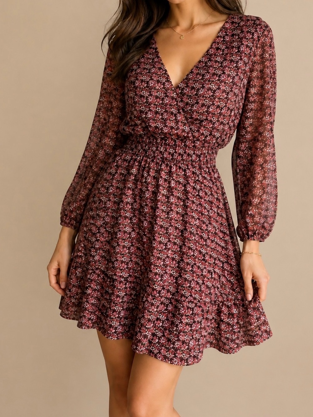 Mimi Chica Burgundy Floral V-Neck Smocked Mini Dress